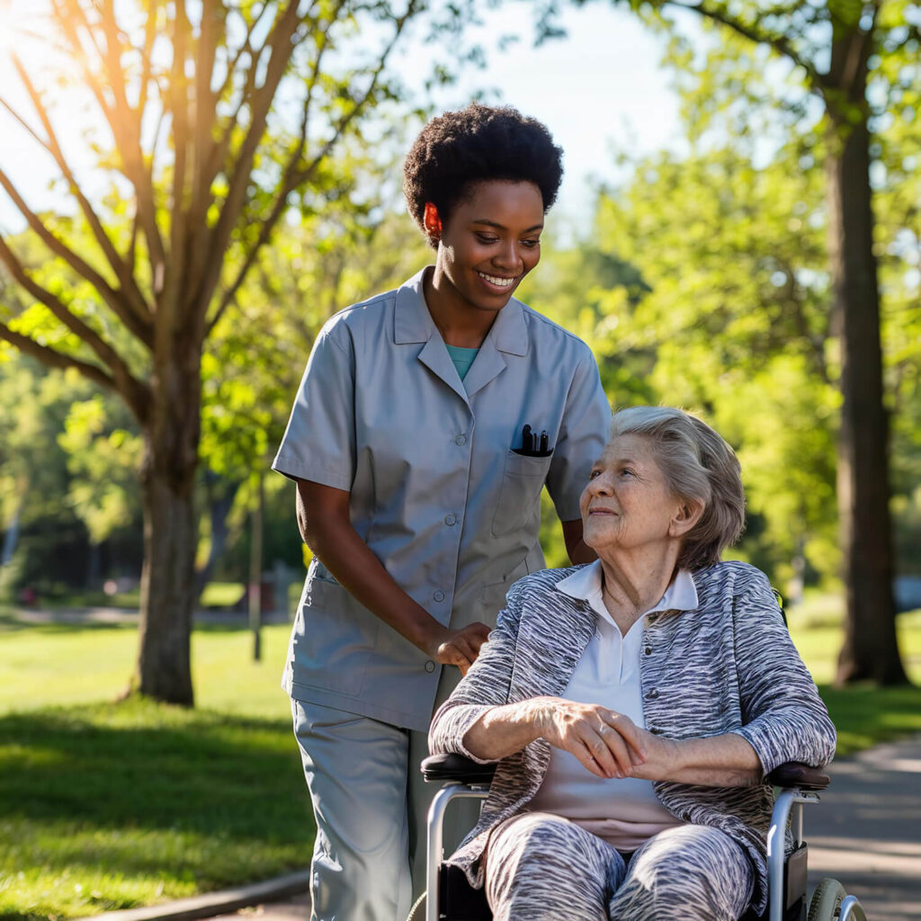 a nurse in a wheel chair helping a woman
