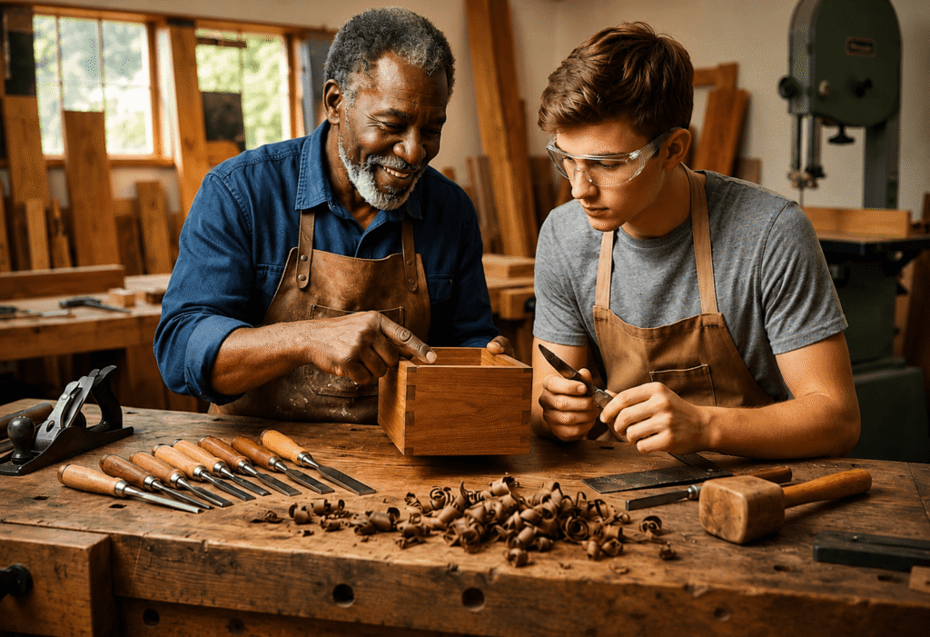 Experienced Black woodworker teaching a young apprentice how to craft a wooden box in a traditional woodworking workshop.